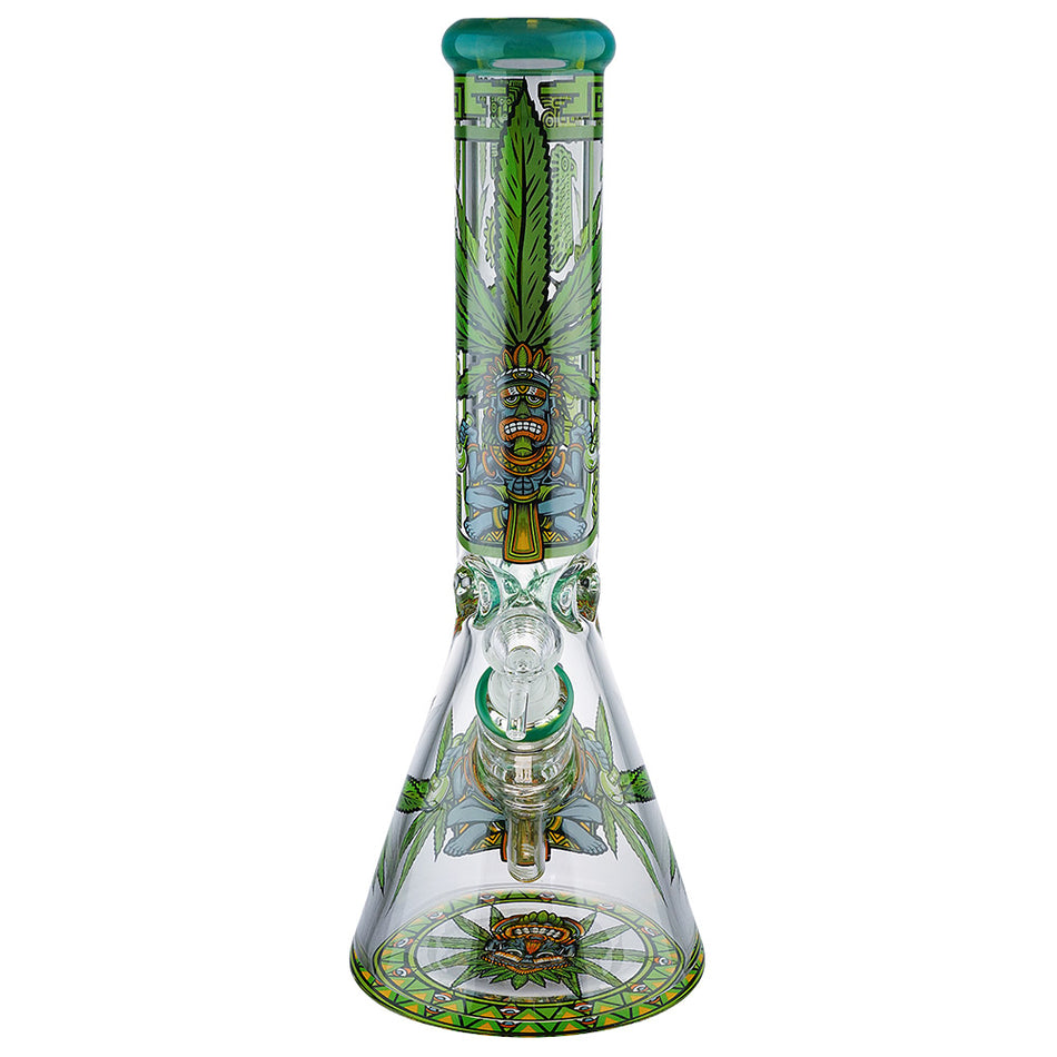 (WATER PIPE) 14" 7mm THICK - AZTEK WARRIOR WITH LEAF