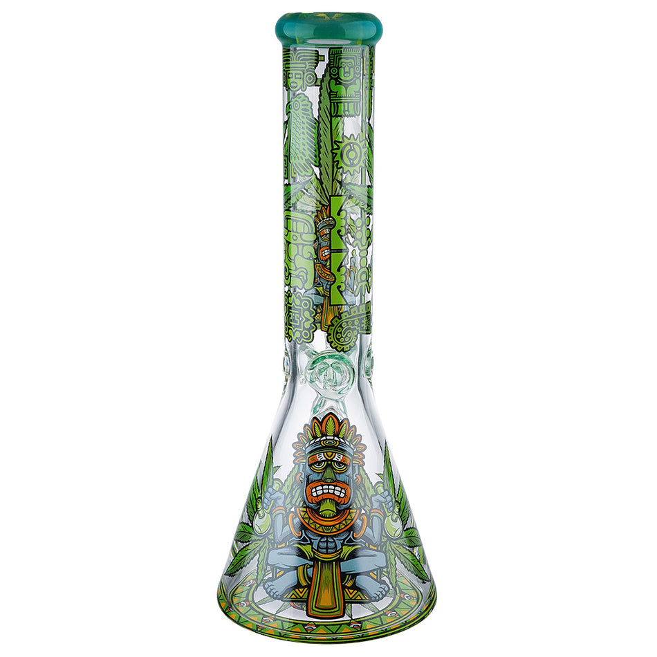 (WATER PIPE) 14" 7mm THICK - AZTEK WARRIOR WITH LEAF