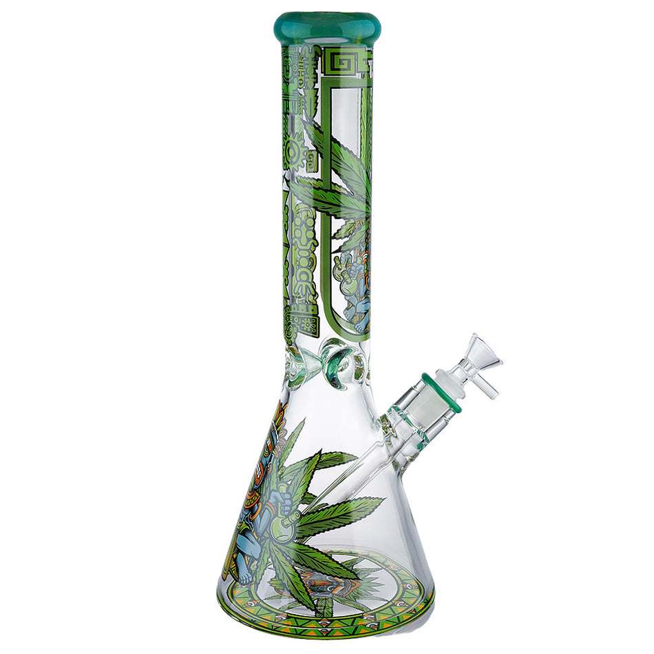 (WATER PIPE) 14" 7mm THICK - AZTEK WARRIOR WITH LEAF