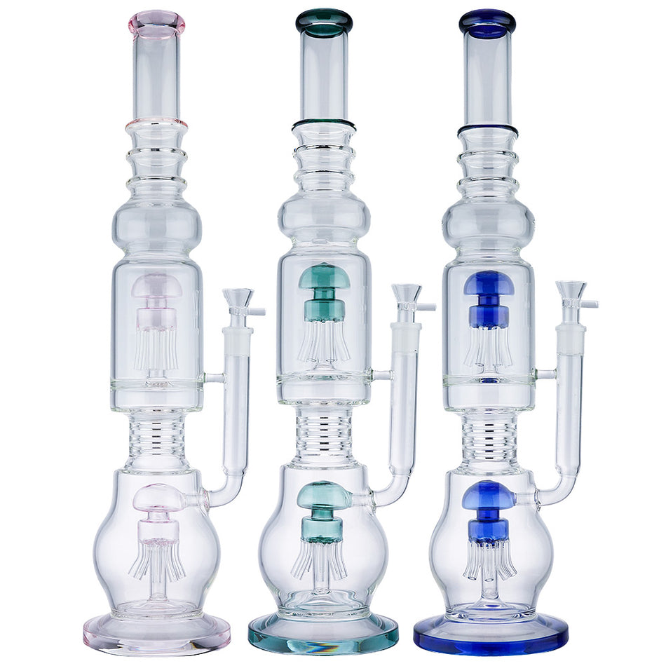 (WATER PIPE) 22" SCIENTIFIC GLASS DOUBLE MUSHROOM PERC - PINK