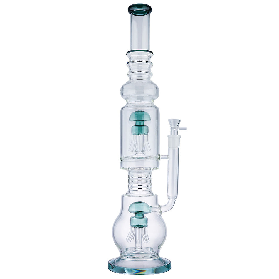 (WATER PIPE) 22" SCIENTIFIC GLASS DOUBLE MUSHROOM PERC - TEAL