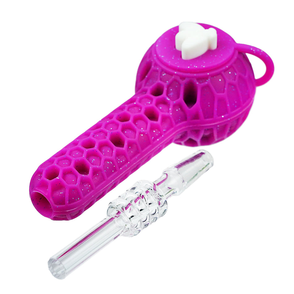 (SILICONE) 4" BEE STRATUS 2-IN-1 HAND PIPE & NECTAR COLLECTOR - PINK PURPLE